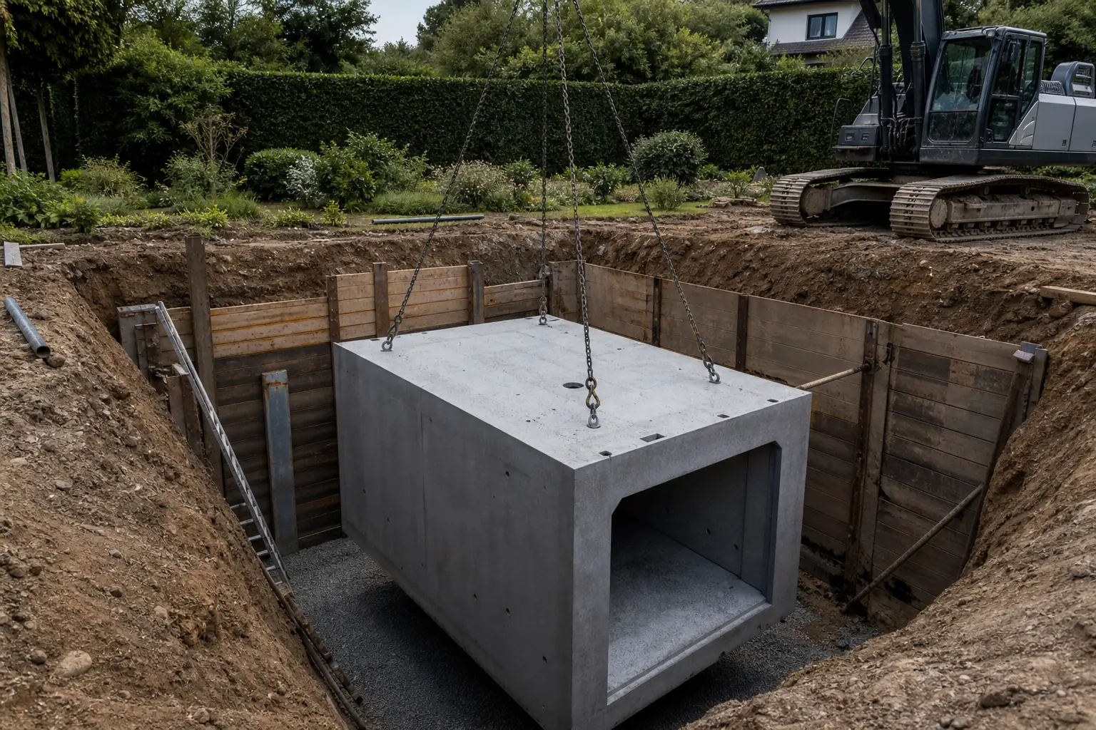 Einbau eines vorgefertigten Schutzraum-Moduls in eine ausgehobene Baugrube im Garten